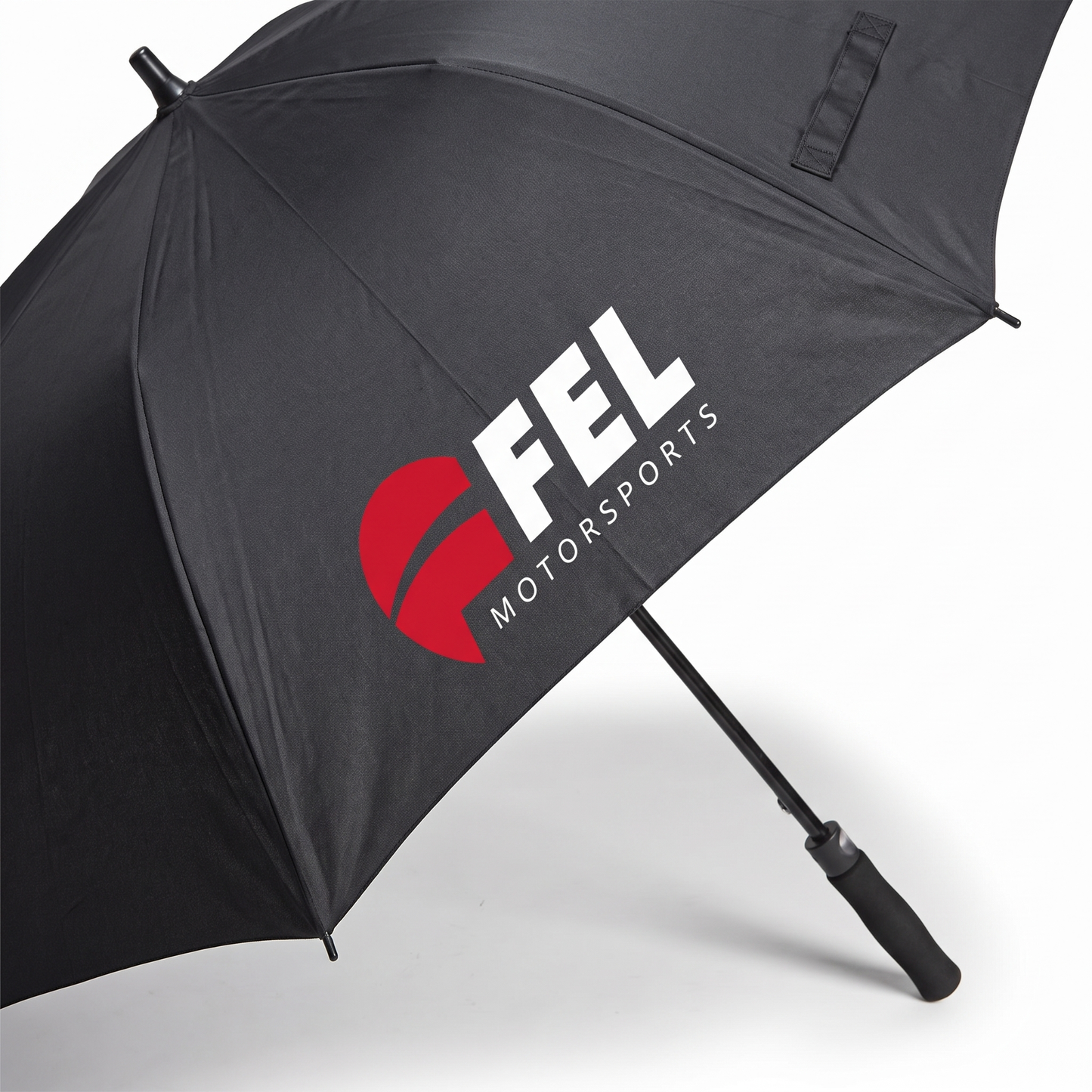 Studio detail shot of the FEL Motorsports golf umbrella canopy and logo