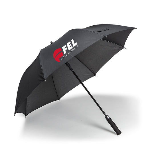 FEL Motorsports golf umbrella, open, black canopy with red and white FEL Motorsports logo